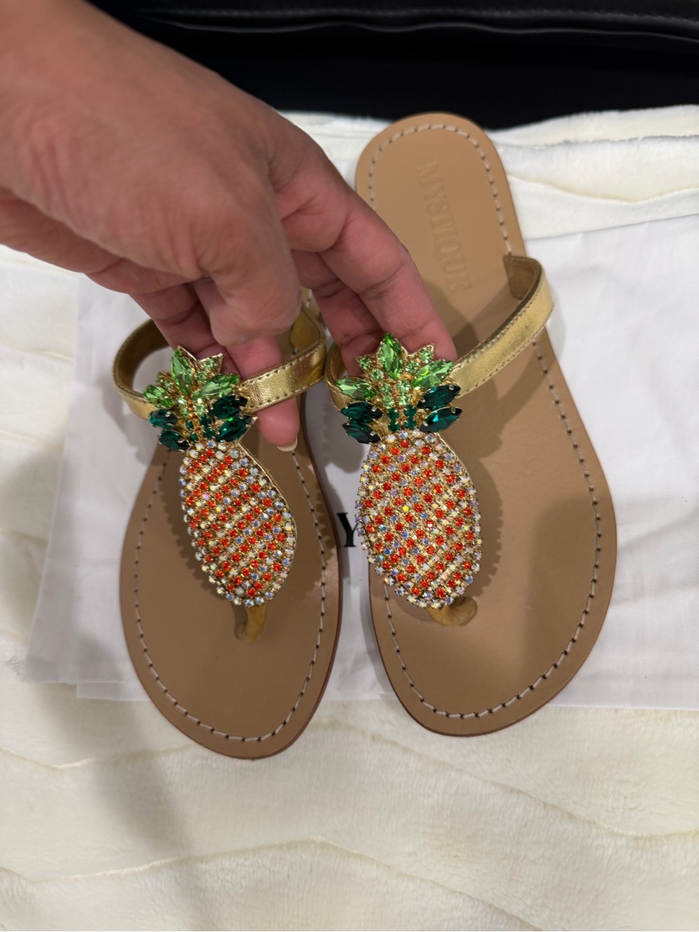 Mystique Boutique Gold Sandals with Green and Orange Pineapple Gems